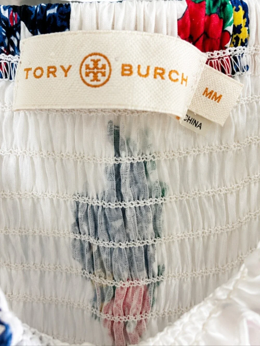 Tory Burch Meadow Folly Cotton Voile Midi Dress with a red and blue floral print